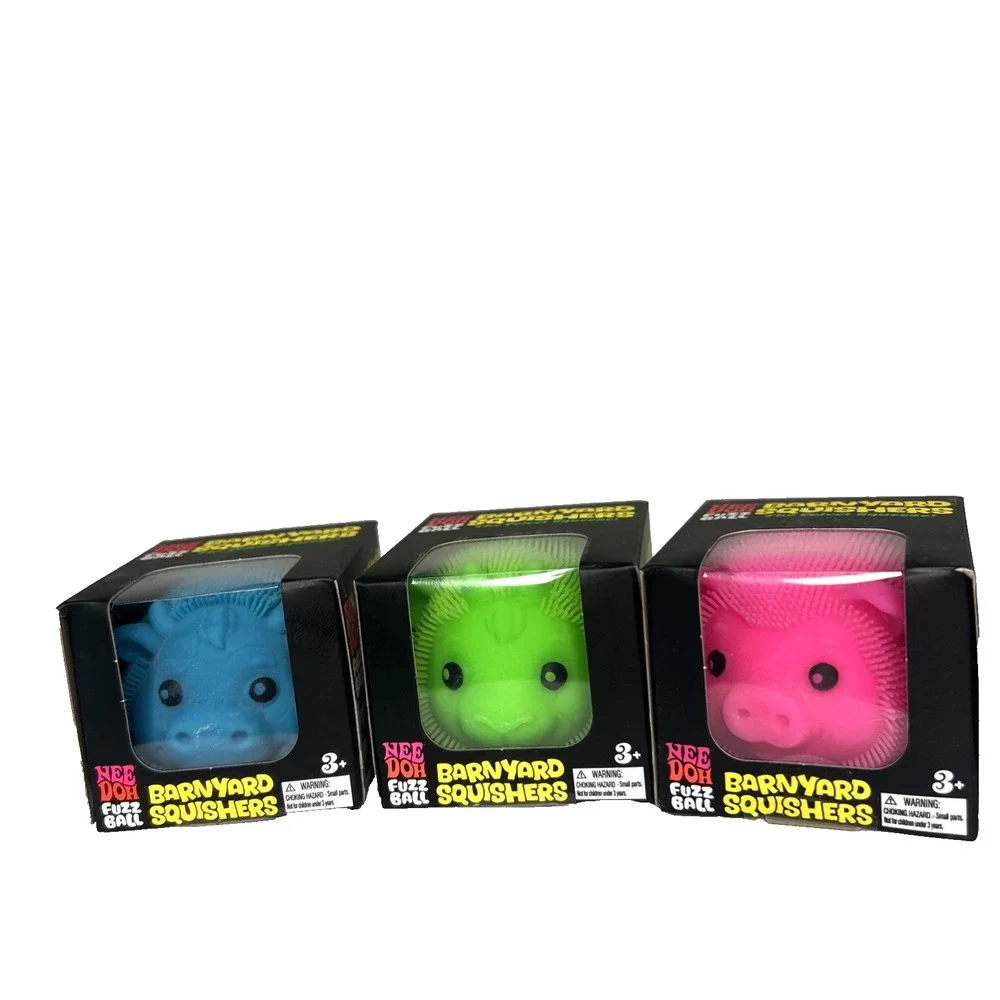 NeeDoh Fuzz Ball Barnyard Squishers Pig Cow & Goat Complete Set of 3 BRAND NEW